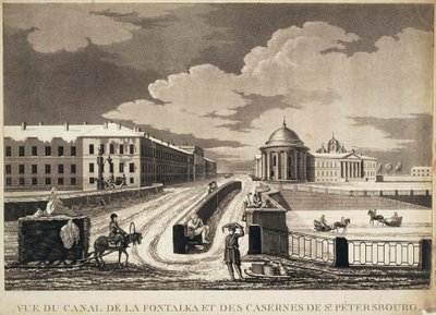 Kilátás az Izmailovszkij-hídra és a laktanyára a Fontanka folyón keresztül, 18. század vége. alkotó: Michel François Damame Demartrais