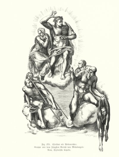 Bíró Krisztus, részlet Michelangelo utolsó ítéletéből, festmény a Sixtus-kápolna oltárfalán, Szent Péter-bazilika, Róma, Olaszország (metszet) alkotó: Michelangelo (after) Buonarroti