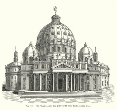 Kilátás Michelangelo tervéről a Szent Péter-bazilika homlokzatára, Róma, Olaszország (metszet) alkotó: Michelangelo (after) Buonarroti