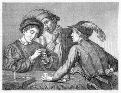A csalók. századi metszet, amely Caravaggio (il Caravaggio) munkáját ábrázolja 1596 körül. alkotó: Michelangelo (after) Caravaggio