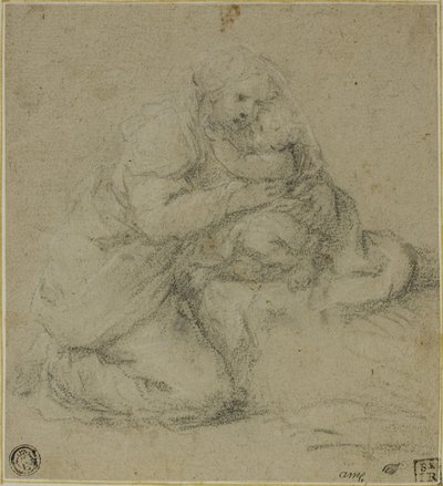 Térdelő anya ölelgeti a gyermeket alkotó: Michelangelo Anselmi