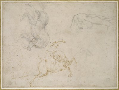 A Horseman töltése és egyéb tanulmányok (toll és barna tinta fekete krétával, törtfehér papíron) alkotó: Michelangelo Buonarroti