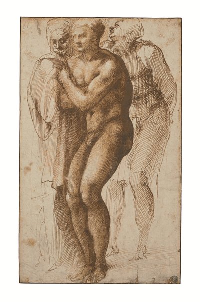 Akt férfi (Masaccio után) és mögötte két alak (toll és két barna tintaárnyalat, barna tus, vízjel) alkotó: Michelangelo Buonarroti