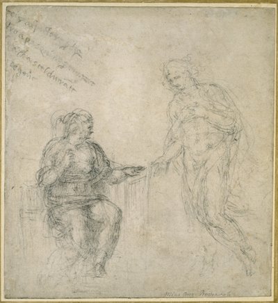Krisztus búcsúzik édesanyjától a feltámadás után (fekete kréta törtfehér papíron) alkotó: Michelangelo Buonarroti