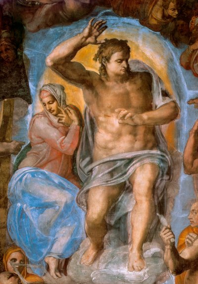 Az utolsó ítélet részlete: Bírák Krisztus. Michelangelo Buonarroti freskója, Michelangelo (Michelangelo vagy Michelangelo) alkotó: Michelangelo Buonarroti