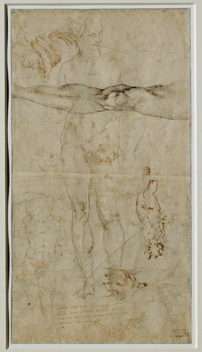 Különböző figurákat ábrázoló tanulmányok, Petrarca szonettje alapján készült felirat, 1506 körül ... alkotó: Michelangelo Buonarroti