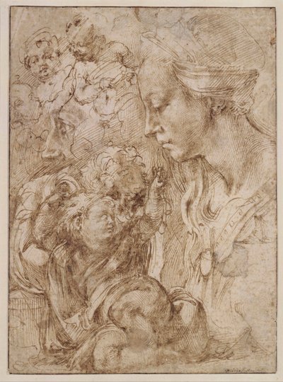 "Tanulmányok egy szent családnak Keresztelő Jánossal mint gyermekkel" (Studies for a Holy Family with John the Baptist as Child) Michelangelo Buonarroti (1475-1564) rajza - 1505 - Toll, ecset, indiai tinta papíron Dim 28, 7x20 ,9 cm Staatliche Museen, Berl alkotó: Michelangelo Buonarroti