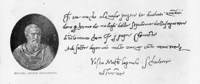 Michelangelo Buonarroti kézírása és aláírása (toll és tinta papíron) alkotó: Michelangelo Buonarroti