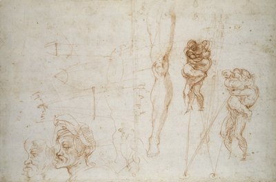Herkules és Antaeus és más tanulmányok, 1525-28 körül (kréta papíron) alkotó: Michelangelo Buonarroti