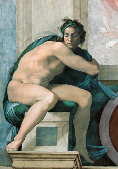 Az Ignudo Sixtus-kápolna mennyezete a Vatikánban, 1508-1512. alkotó: Michelangelo Buonarroti