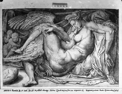 Leda, metszett Jacobus Bos, Boss vagy Bossius (b. 1520) alkotó: Michelangelo Buonarroti