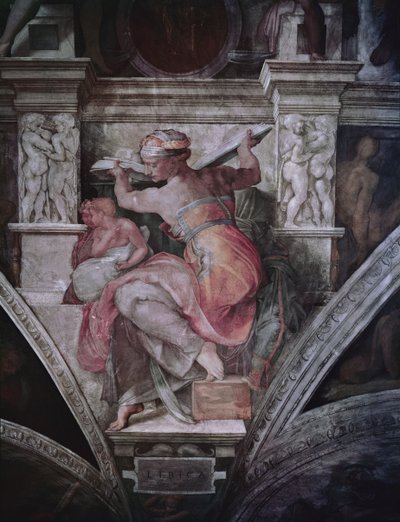 A Sixtus-kápolna mennyezete: Líbiai Szibilla, 1508-1510 körül (restaurálás előtt) alkotó: Michelangelo Buonarroti