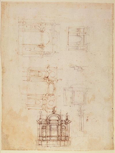 Tanulmányok diadalív formájú építészeti kompozícióhoz, 1516 körül (fekete kréta tollal és barna tintával a papíron) (recto) (a verset lásd: 191776) alkotó: Michelangelo Buonarroti