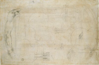 Tanulmány egy férfi karjáról és néhány építészeti vázlat, 1490-1560 alkotó: Michelangelo Buonarroti