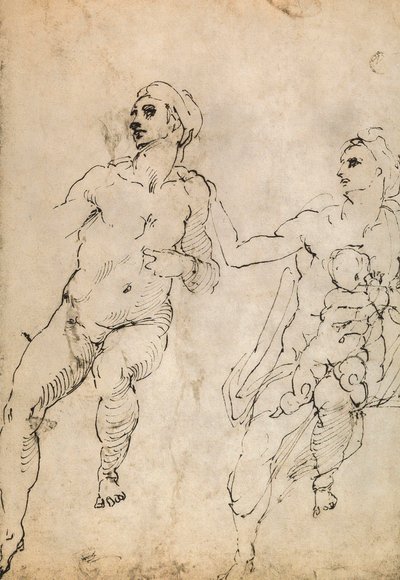 Néhány meztelen figura tanulmányozása; Michelangelo rajza. Louvre, Párizs alkotó: Michelangelo Buonarroti