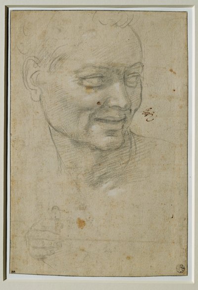 Az ignudo feje és jobb keze Ézsaiás felett és balra, a Capella Sistina boltozatán ... alkotó: Michelangelo Buonarroti