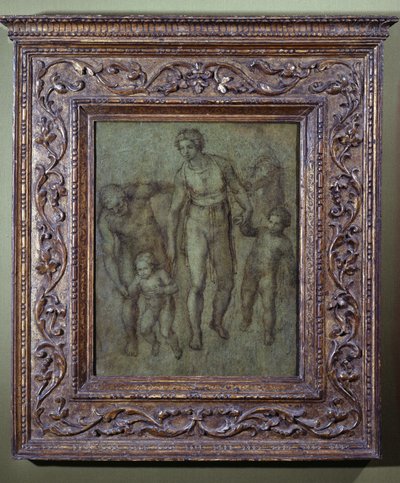 A Szent Család Keresztelő Szent Jánossal, 1540 körül (ecset és barna mosás a panelen) alkotó: Michelangelo Buonarroti