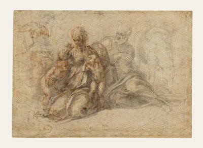 A Szent Család Keresztelő Szent János csecsemővel (előlap); szerelmes puttók játék közben; madárfej (hátlap) alkotó: Michelangelo Buonarroti