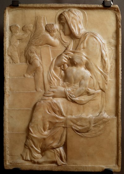 Szűz a lépcsőn (Madonna della Scala) Alacsony márvány dombormű, Michelangelo Buonarroti dit Michel Ange (Michelangelo vagy Michelangelo) alkotó: Michelangelo Buonarroti