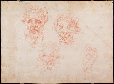 W.33 Vázlatok a szatírok arcáról (piros kréta papíron) alkotó: Michelangelo Buonarroti