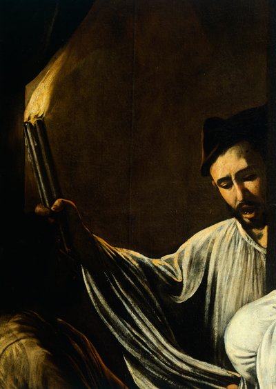 Fáklyát tartó és halottat temető férfi, részlet az Irgalmasság Boldogasszonya vagy az Irgalmasság hét cselekedete, 1606-2007 körül (olaj, vászon) alkotó: Michelangelo Merisi da Caravaggio