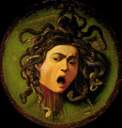 Medúza, bőr lovagi pajzsra festve, 1596-98 körül (olaj, vászon, fára erősítve) (restaurálás előtt) alkotó: Michelangelo Merisi da Caravaggio