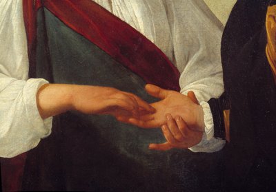 A jósnő Részlet, amely a kliens kezét ábrázolja, megnyúlt a nő kezében, aki a tenyere sorait olvassa. Michelangelo Merisi da Caravaggio dit Le Caravaggio festménye (kb. 1571-1610) V. 0,99x1,31 m alkotó: Michelangelo Merisi da Caravaggio