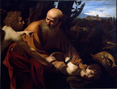 Izsák áldozata Egy angyal fogja Ábrahám kezét fiának, Izsáknak az Úr parancsa szerinti áldozata előtt. Michelangelo Merisi festménye A Caravaggio vagy il Caravaggio (1571-1610) 1594-1596 Dim. 104x135 cm Firenze, Galleria degli Uffizi ( alkotó: Michelangelo Merisi da Caravaggio