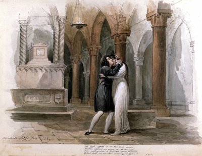 Vincenzo Bellini I Capuleti e i Montecchi (Les Capulet et les Montaigu) előadása a velencei Fenice Színházban. Giuditta Pasta és Giulia Grisi a Rómeó és Júlia előadásában. Michele Bisi akvarellje alkotó: Michele Bisi