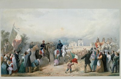 II. Vittorio Emanuele és III. Napóleon szardíniai király diadalmenete Milánóban 1859. június 8-án (akvarell alkotó: Michele Bisi
