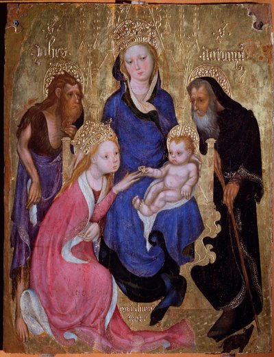 Szent Katalin misztikus házassága Keresztelő Jánossal és Egyiptomi Antal szentekkel - Festmény, 1420 körül alkotó: Michelino Molinari da (attr. to) Besozzo