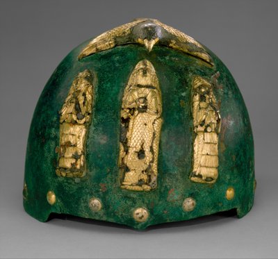 Sisak isteni alakokkal egy kitárt szárnyú madár alatt, Kr.e. 1500-1100 körül (bronz, bitumen felett aranyfólia) alkotó: Middle Elamite Period