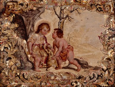 A gyermek Jézus és Keresztelő János (olaj és gyöngyház intarzia fapanelen) alkotó: Miguel Gonzalez