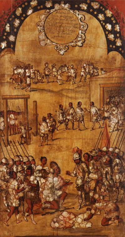Mexikó hódítása, III. panel, 1696-1715 körül (festés fára) alkotó: Miguel Gonzalez