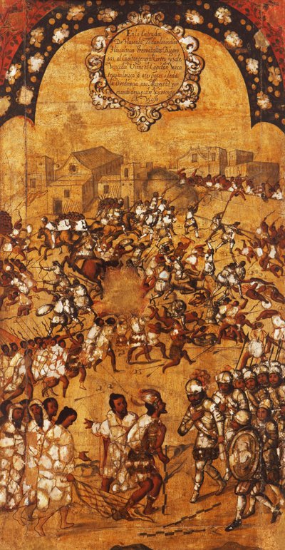 Mexikó hódítása, V. panel, 1696-1715 körül (festés fára) alkotó: Miguel Gonzalez