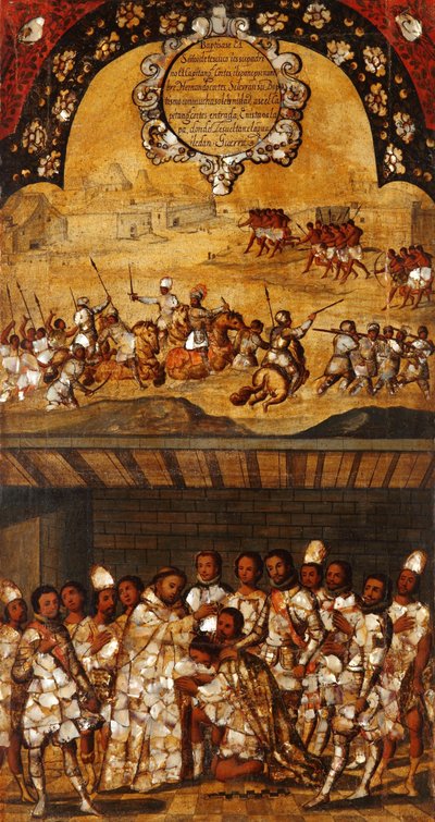 Mexikó hódítása, XIX. panel, 1696-1715 körül (festés fára) alkotó: Miguel Gonzalez