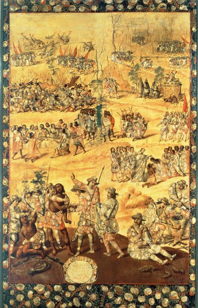 Hernando Cortes (1485-1547) és Montezuma (1466-1520) találkozása, a mexikói hódításról készült panel alkotó: Miguel and Juan Gonzalez
