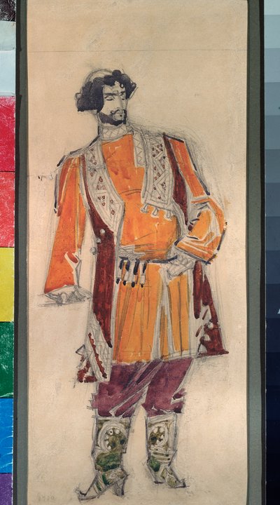 Felkészítő férfi jelmez Miklós (Nikolaj) Rimszkij Korszakov (Rimszkij-Korszakov) "A cár menyasszonya" című operájához (1844-1908) (N. Rimszkij Korszakov (Rimszkij) A cár menyasszonya című operájának jelmezterve ). -Korszakov) - Mihail Sándor munkája alkotó: Mikhail Aleksandrovich Vrubel