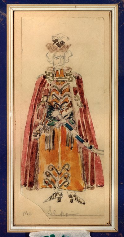 Előkészítő jelmez Piotr Csajkovszkij (1840-1893) "Mazepa" című operájához (P. Csajkovszkij Mazepa című operájának jelmezterve) - Mihail Alekszandrovics Vrubel (Vrubel) (1856-1910) munkája, ceruza és gouache papíron, Orosz szcenográfiai művészet - St alkotó: Mikhail Aleksandrovich Vrubel