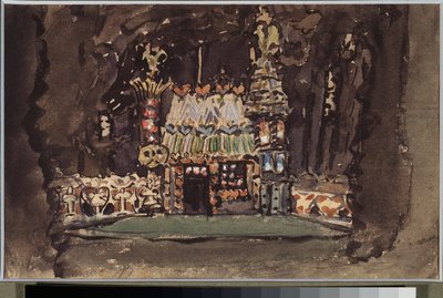 Előkészítő dekoráció Engelbert Humperdinck (1854-1921) "Hansel és Grisla" című operájához (Színpad a Hansel and Gretel című operához) - Mikhail Alexandrovich Vrubel (Vroubel) életmű (1856-1910), zsírkréta, akvarell és gouache papíron alkotó: Mikhail Aleksandrovich Vrubel