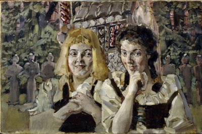 Hansel és Gretel (Angyal és Juliska). A két gyerek portréi a Grimm fivérek Jacob (1785-1863) és Wilhelm (1786-1859) meséjéből, mohó szemekkel a cukorkaház előtt. Mikhail Alekszandrovics Vrubel (Vrubel) festménye (1856-1910), olajfestmény alkotó: Mikhail Aleksandrovich Vrubel