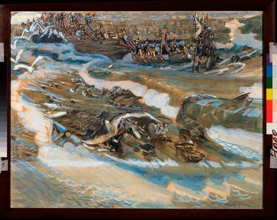 Illustration pour le conte du czar Saltan de Alexandre Pouchkine (1799-1837) (A Puskin Saltan cár meséjének illusztrációja) - Mihail Alekszandrovics Vrubel (Vrubel) (1856-1910) munkája, akvarell, gouache, arany és pénz papíron alkotó: Mikhail Aleksandrovich Vrubel