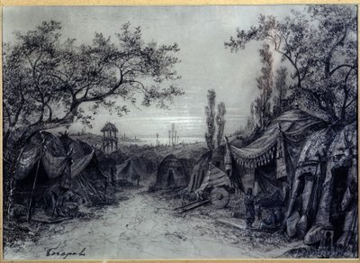 Előkészítő dekoráció Alexandre Borodin (1833-1887) "Igor herceg"" című operájához (A.Borodin "Igor herceg"" című operájának színpadtervezése). Sátrakból álló katonai tábor, fákkal keretezve, három figurával, köztük egy zenészsel. Mikhail Ily alkotása alkotó: Mikhail Ilyich Bocharov