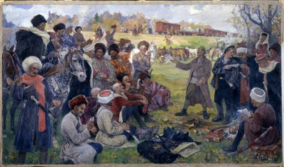 A bolsevik agitátorok Kornilov tábornok vad osztagában Gatsina közelében 1917 augusztusában alkotó: Mikhail Ivanovich Avilov