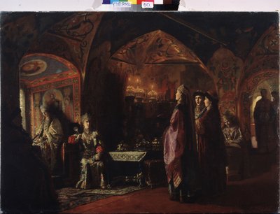 A cárnő lakása (Tsarevna lakhelye). Kompozíció a régi Oroszország témájára, népviselet és a Moszkvai Hercegség dekorációja. Báró Mihail Petrovics Klodt (1835-1914) festménye, olaj, vászon alkotó: Mikhail Petrovich Klodt