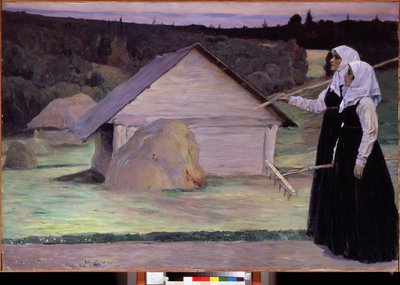 Nyár. Két nő a gereblyéit cipelve este, a földi munka után elmegy szénakazalok és fakunyhók mellett. Mihail Vasziljevics Neszterov (1862-1942) festménye, olaj, vászon alkotó: Mikhail Vasilievich Nesterov
