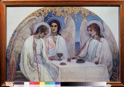 Ábrahám vendégszeretete. Az Ószövetség Szentháromsága. A három angyal ábrázolása, akik megjelentek Ábrahámnak a Chene de Mambre közelében. (Ábrahám vendégszeretete (Ószövetségi Szentháromság). Mihail Vasziljevics Neszterov (1862-1942) festménye, olaj, vász alkotó: Mikhail Vasilievich Nesterov