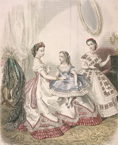 Két nő és egy kislány, aki a legújabb beltéri divatot viseli, c1860 alkotó: Millia Lacouriere