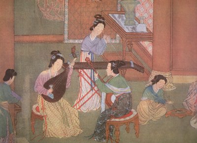 Kínai lant, holdgitár és asztali citera (selyemre festett) alkotó: Ming Dynasty Chinese School