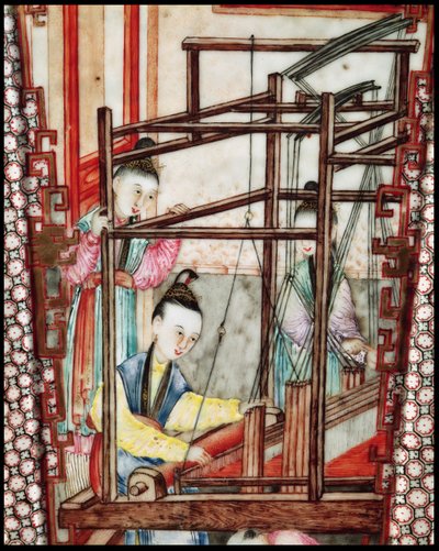 Részlet egy vázából, amely selyemszövést ábrázol (kerámia) alkotó: Ming Dynasty Chinese School